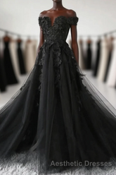Black Off Shoulder Tulle Long Evening Prom Dresses Evening Prom Dresses, Black Lace Formal Dresses